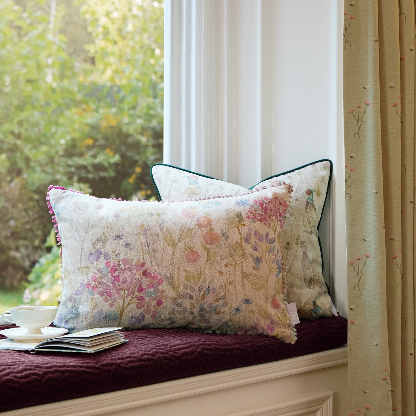 Floral Pink Cushions - Country Hedgerow Printed Rectangular Feather Filled Cushions Linen Voyage Maison