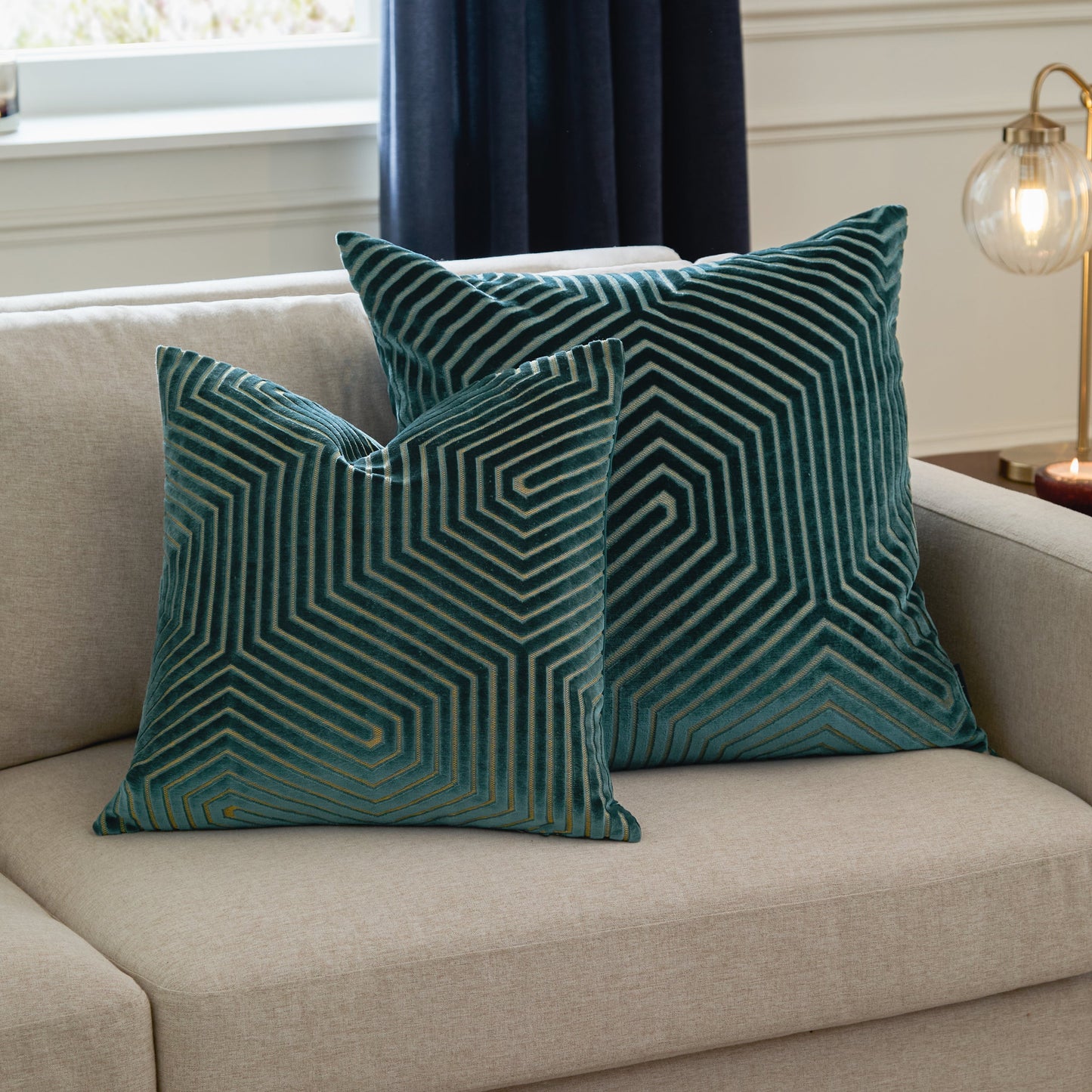 Geometric Blue Cushions - Evoke Cut Velvet Cushion Cover Teal Paoletti