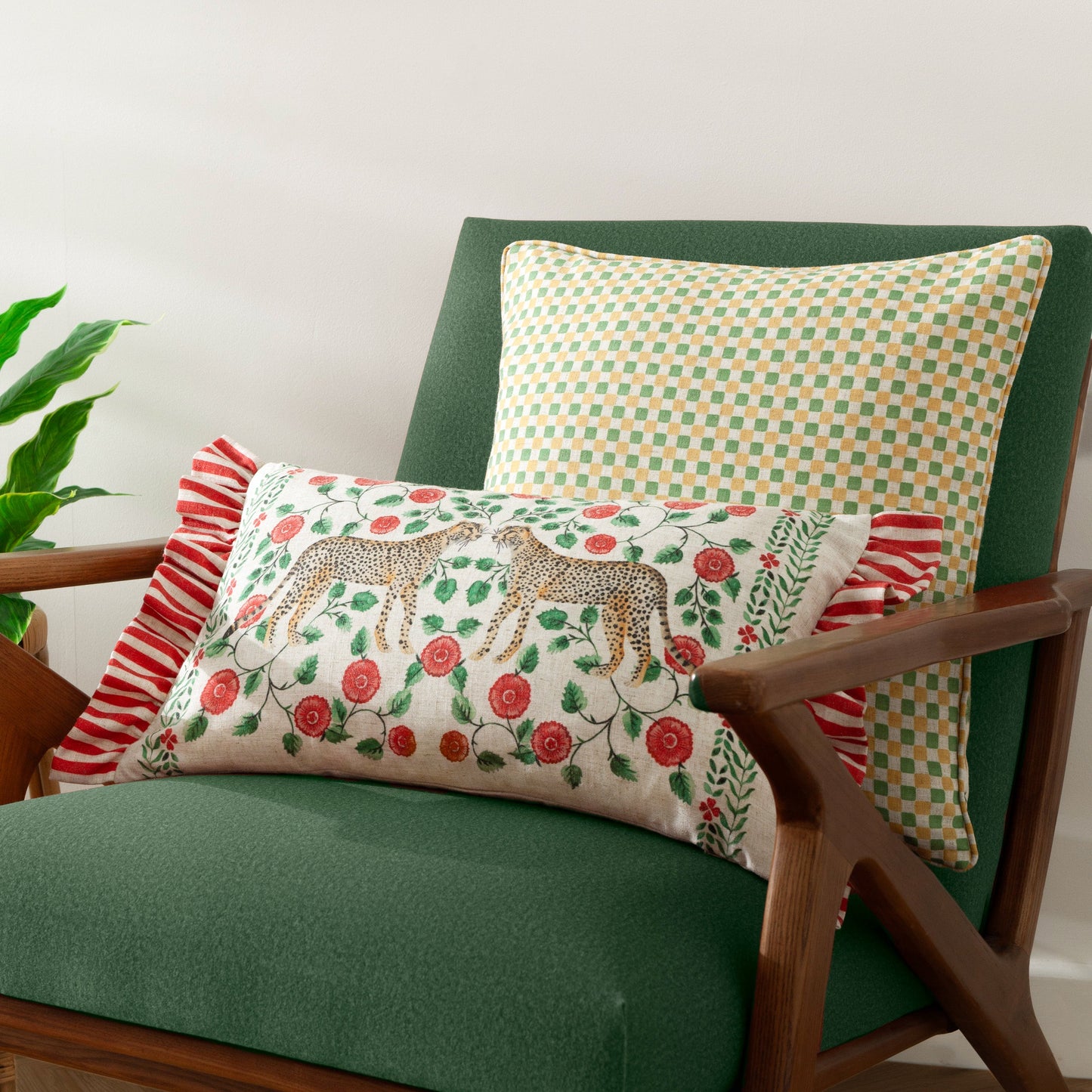 Floral Red Cushions - Okara Leopards Printed Ruffle Cushion Cover Linen/Red Wylder Tropics