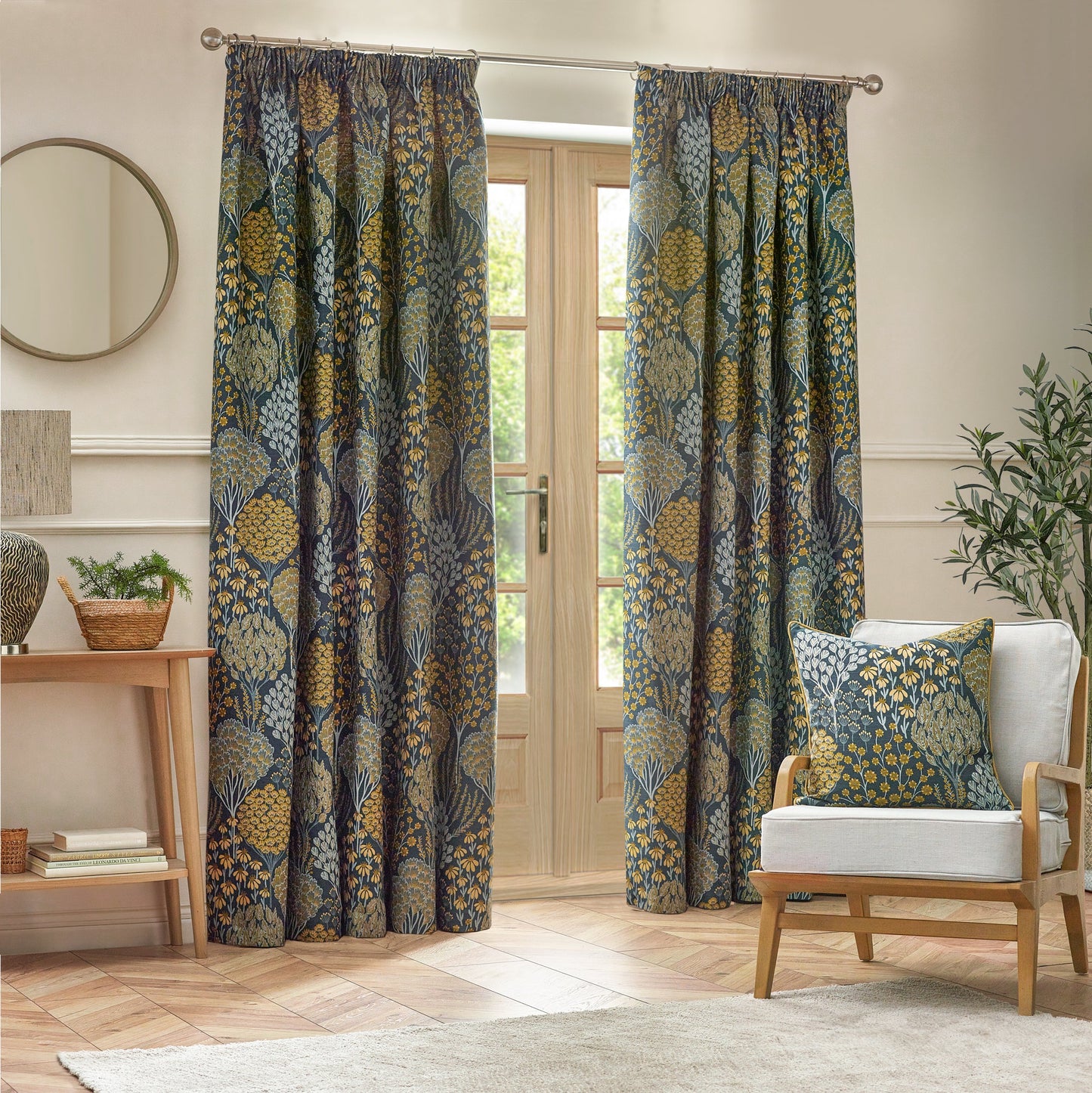 Floral Blue Cushions - Ophelia Floral Jacquard Cushion Cover Blue/Saffron Wylder