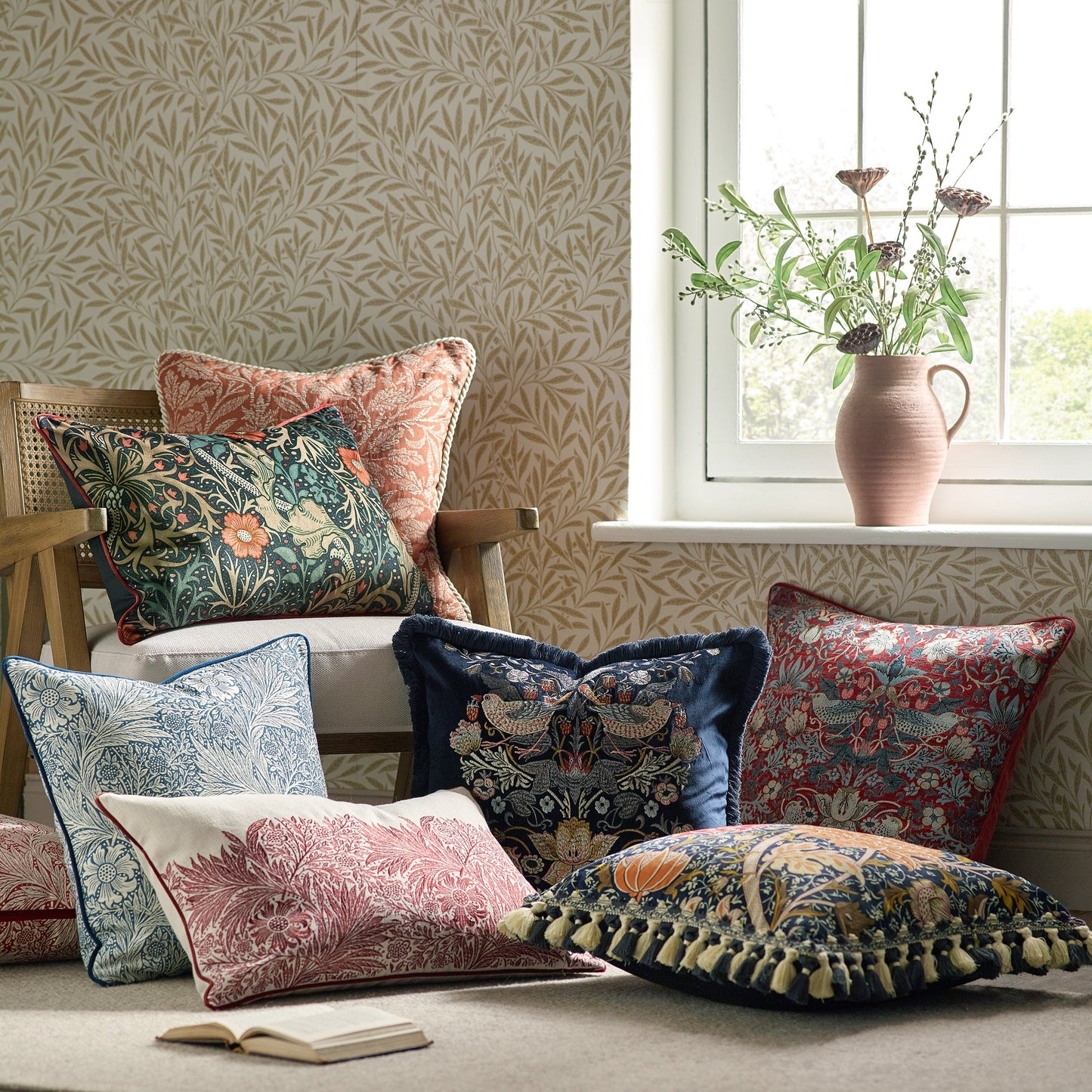 Floral Multi Cushions - Seaweed Printed Velvet Feather Rich Filled Cushion Indigo Morris & Co