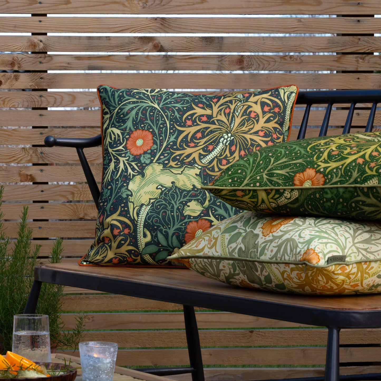 Floral Green Cushions - Seaweed Printed Outdoor Polyester Filled Cushion Stone/Sunflower Morris & Co