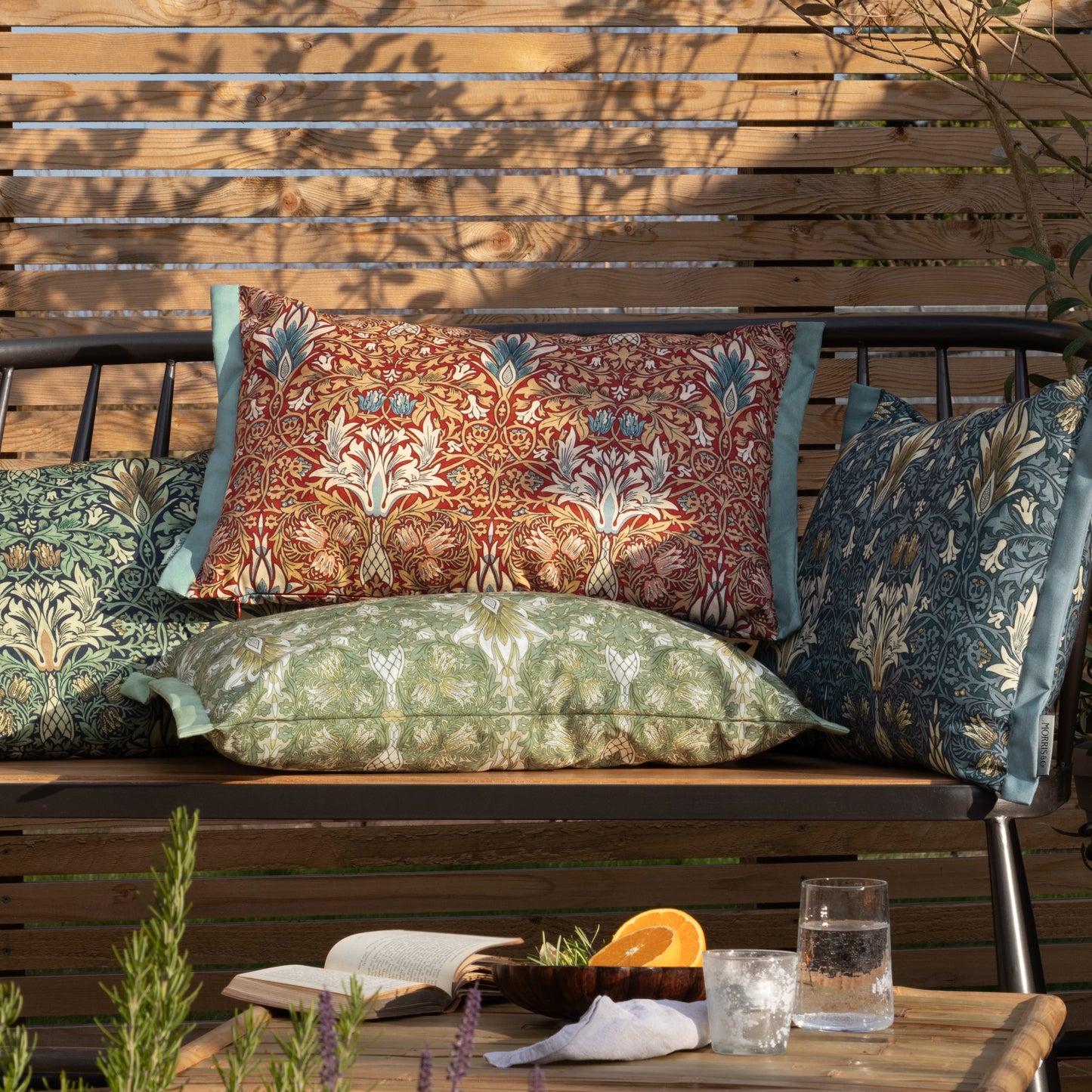 Floral Blue Cushions - Snakeshead Printed Outdoor Polyester Filled Cushion Indigo/Leaf Green Morris & Co