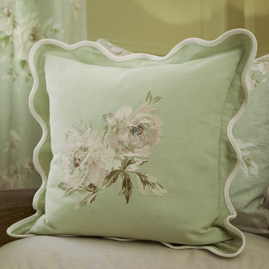 Floral Green Cushions - Adele Floral Embroidered Feather Rich Filled Cushion Sage Sanderson