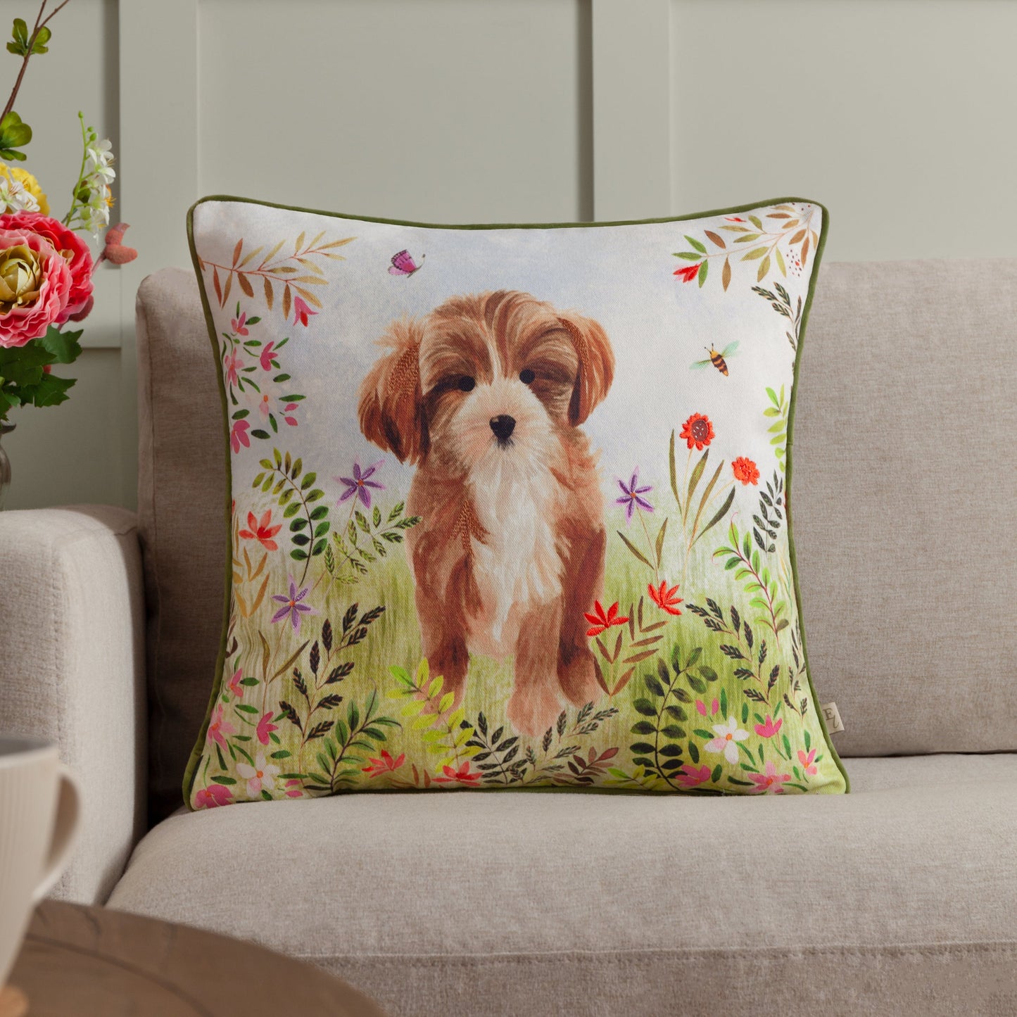 Animal Green Cushions - Daisy Hill Charlie Printed Cushion Cover Multi/Green Evans Lichfield