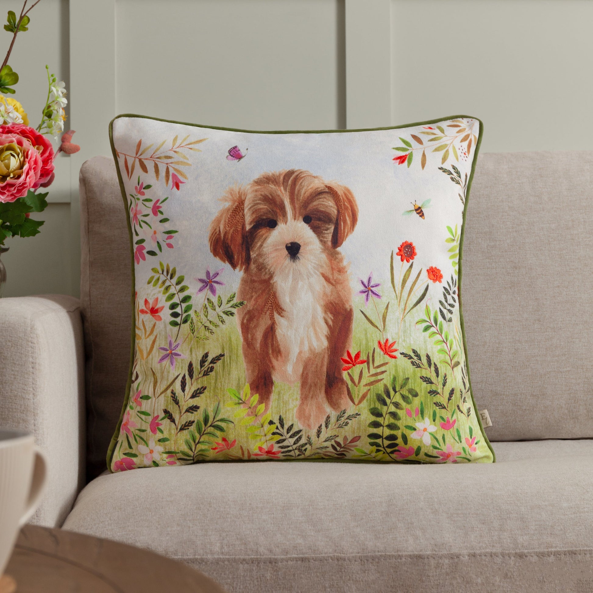 Animal Green Cushions - Daisy Hill Charlie Printed Cushion Cover Multi/Green Evans Lichfield