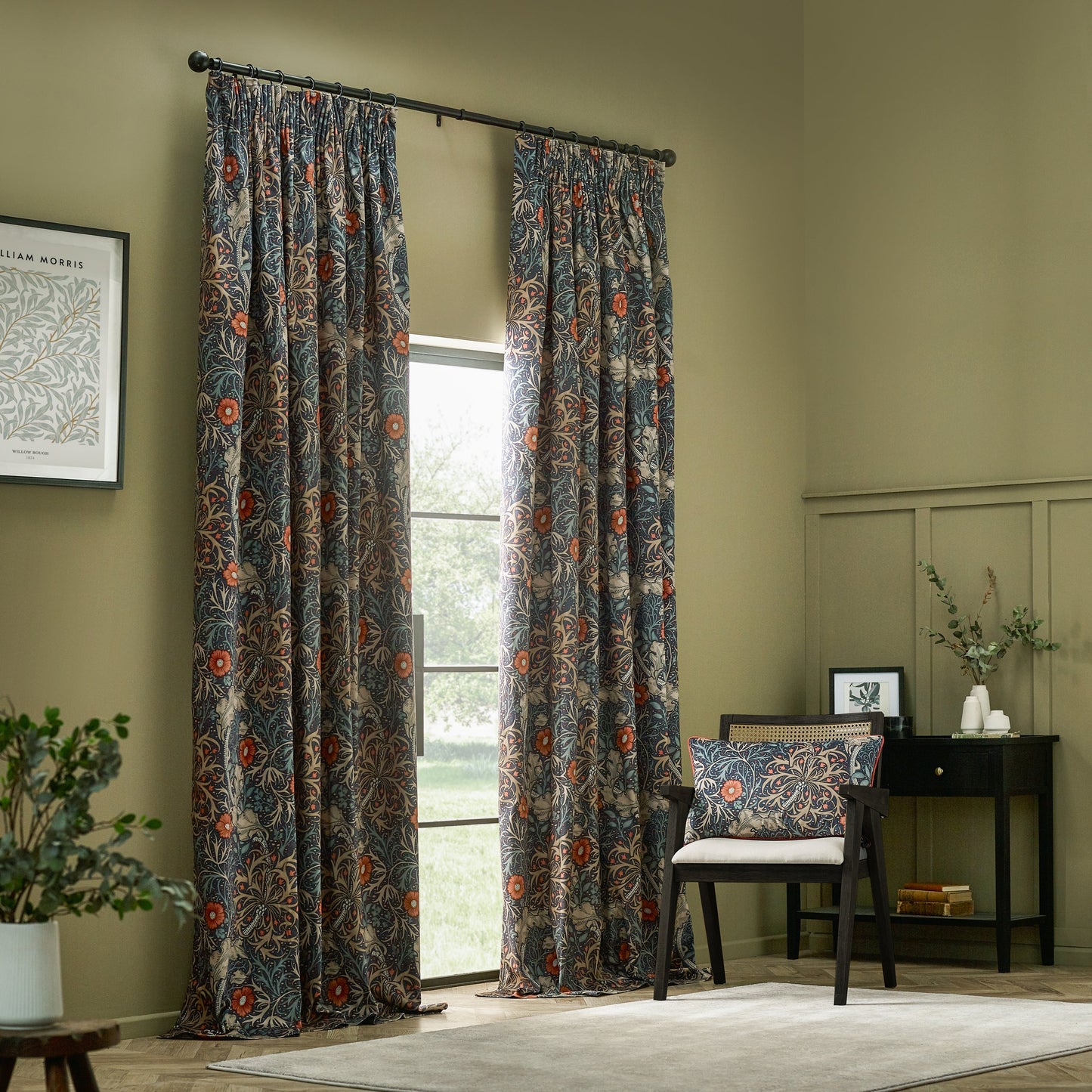 Floral Multi Cushions - Seaweed Printed Velvet Feather Rich Filled Cushion Indigo Morris & Co