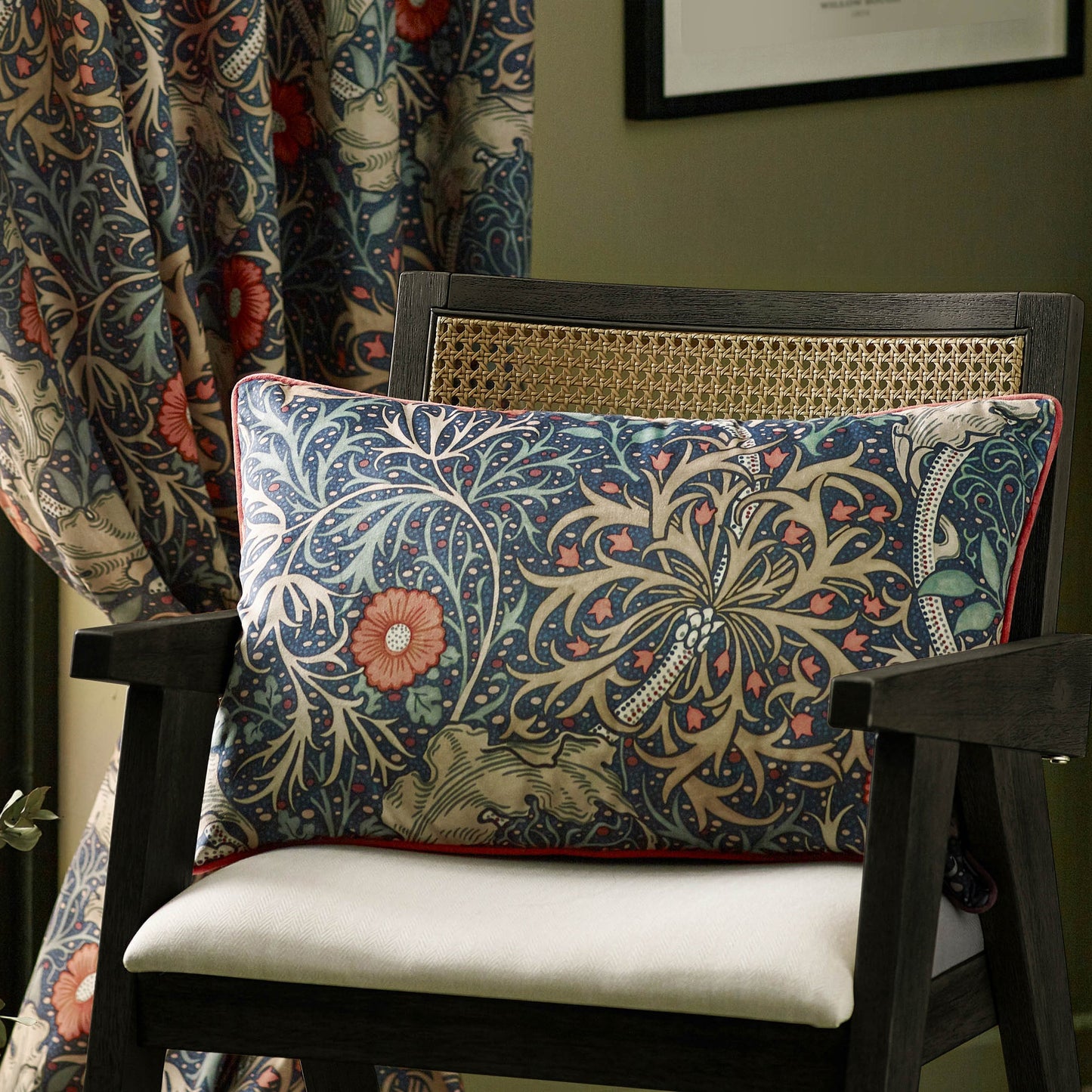 Floral Multi Cushions - Seaweed Printed Velvet Feather Rich Filled Cushion Indigo Morris & Co