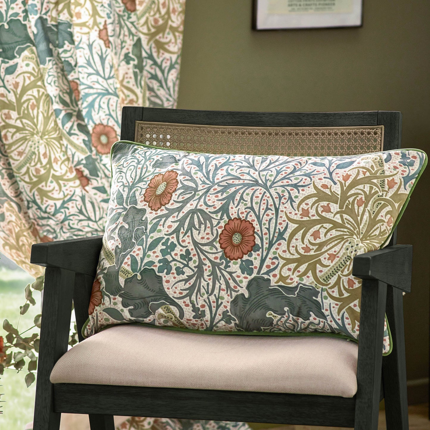 Floral Multi Cushions - Seaweed Printed Velvet Feather Rich Filled Cushion Stone/Sunflower Morris & Co