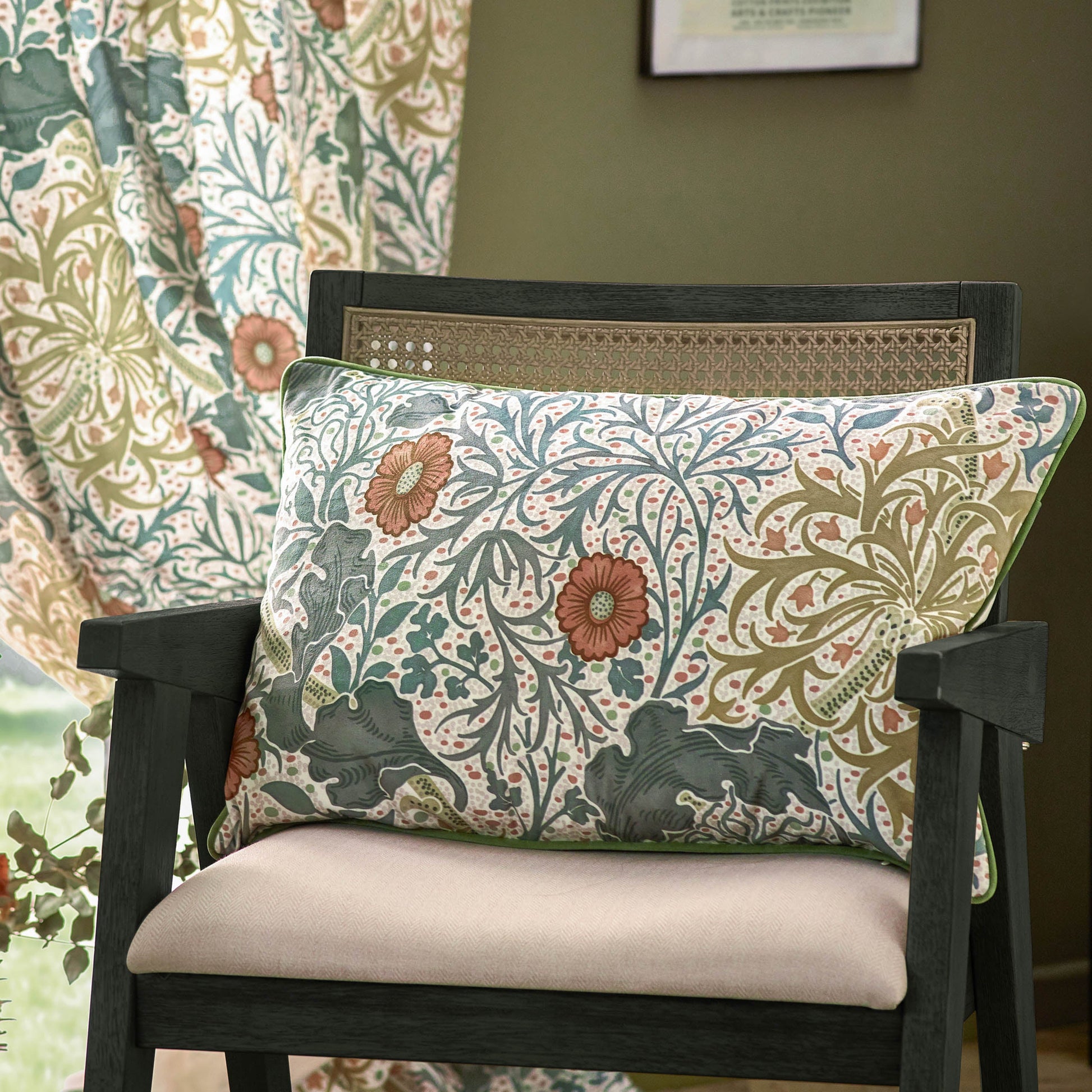Floral Multi Cushions - Seaweed Printed Velvet Feather Rich Filled Cushion Stone/Sunflower Morris & Co