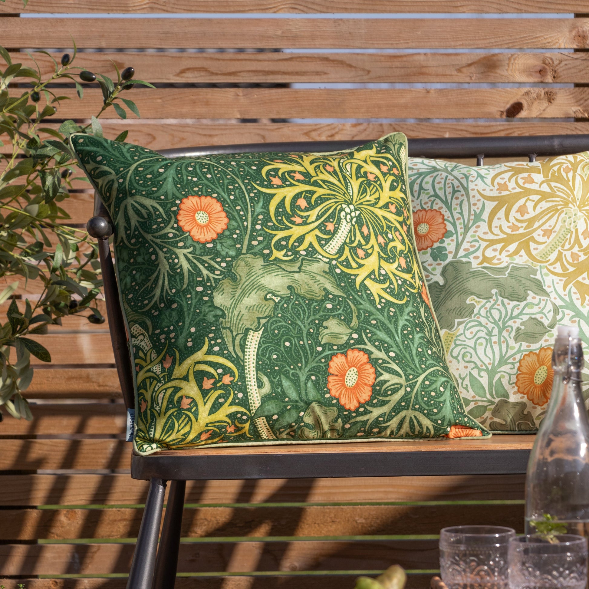 Floral Green Cushions - Seaweed Printed Outdoor  Polyester Filled Cushion Forest Green Morris & Co