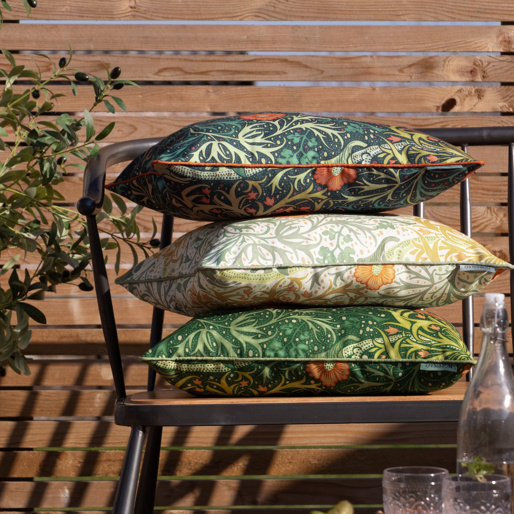 Floral Green Cushions - Seaweed Printed Outdoor  Polyester Filled Cushion Stone/Sunflower Morris & Co