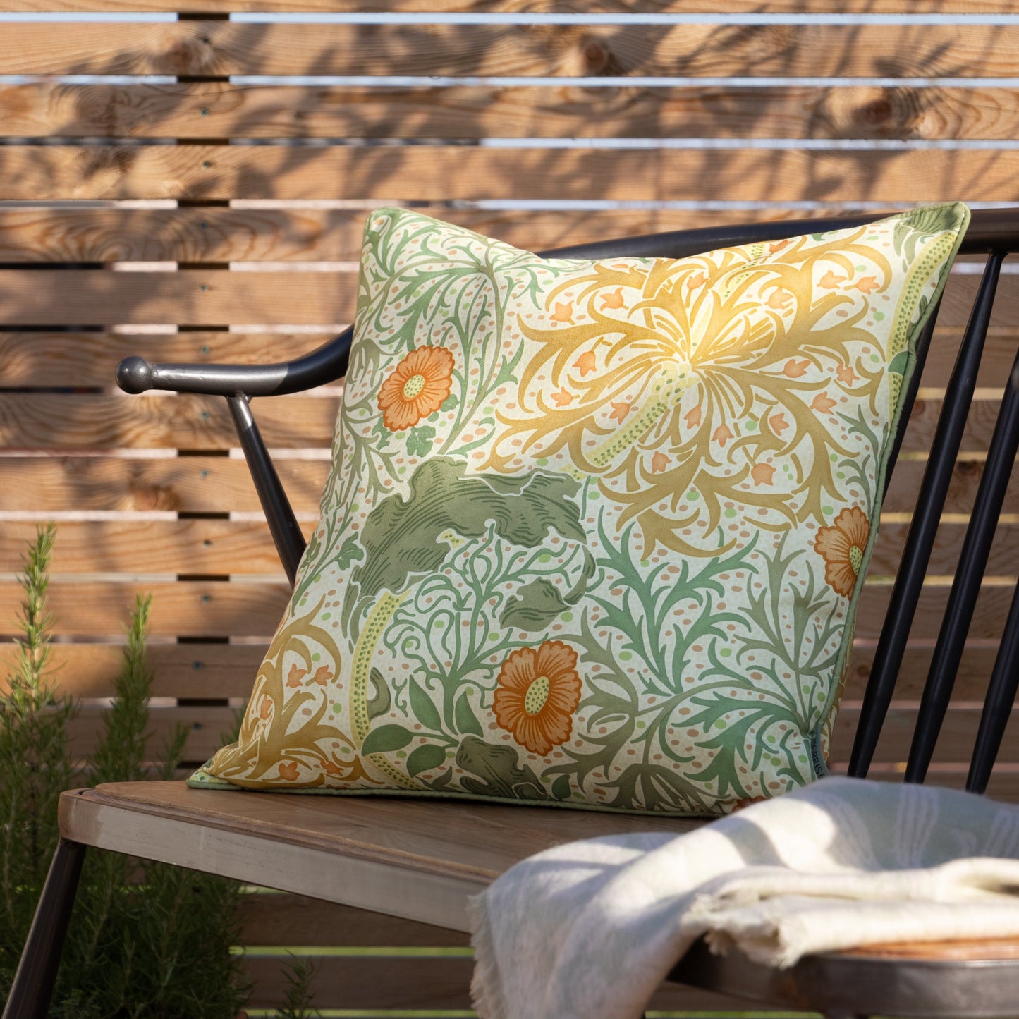 Floral Green Cushions - Seaweed Printed Outdoor  Polyester Filled Cushion Stone/Sunflower Morris & Co