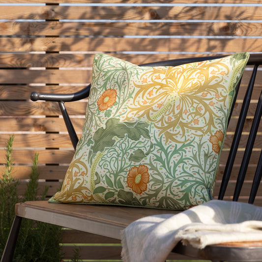 Floral Green Cushions - Seaweed Printed Outdoor  Polyester Filled Cushion Stone/Sunflower Morris & Co