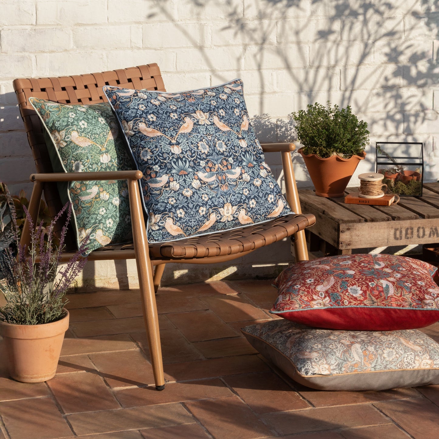 Floral Blue Cushions - Strawberry Thief Piped Outdoor Polyester Filled Cushion Indigo Morris & Co