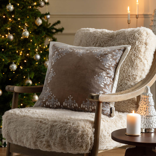Floral Beige Cushions - Winter Bloom Embroidered Cushion Cover Taupe Paoletti